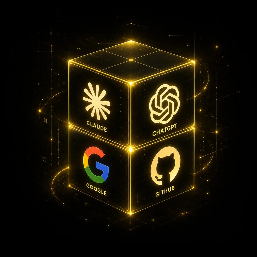 Claude, ChatGPT, Google e GitHub nas faces de um cubo